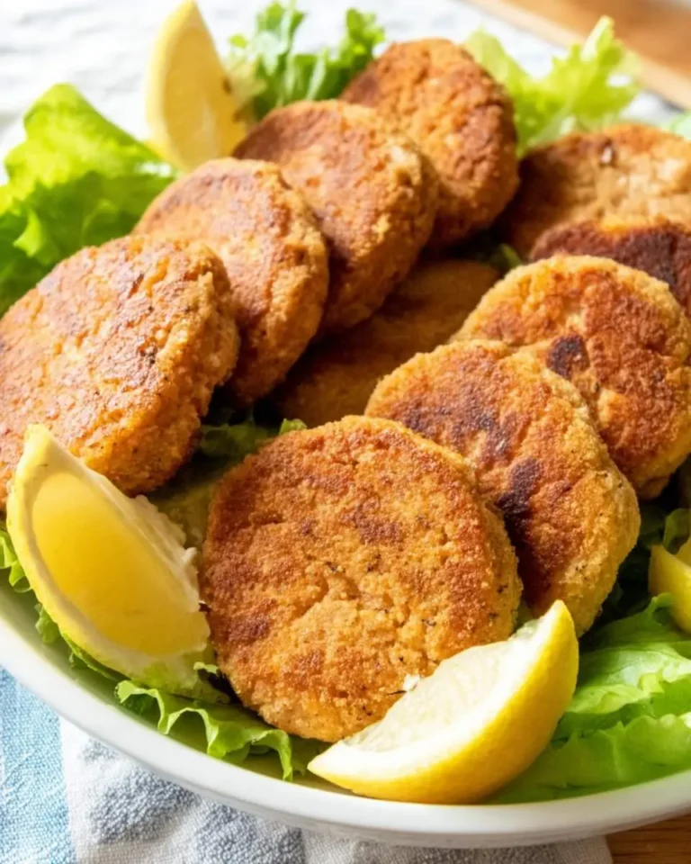 Golden brown Low Carb Salmon Patties arranged on fresh lettuce with lemon wedges on a white plate.