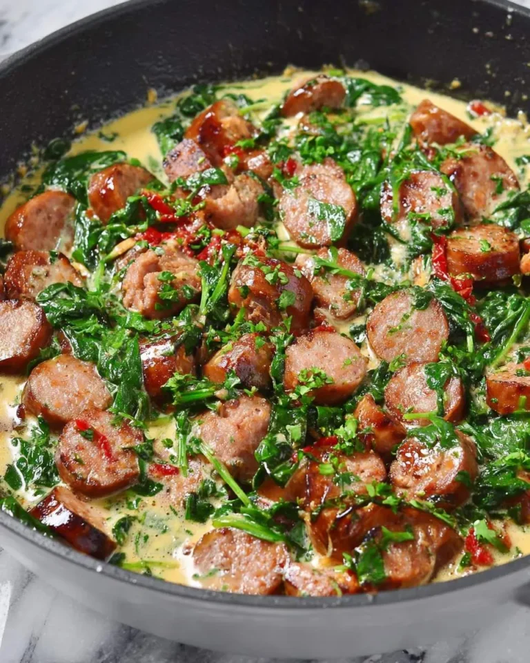 Low Carb Sausage Spinach Skillet with sliced sausage, fresh spinach, and creamy sauce in a black pan.