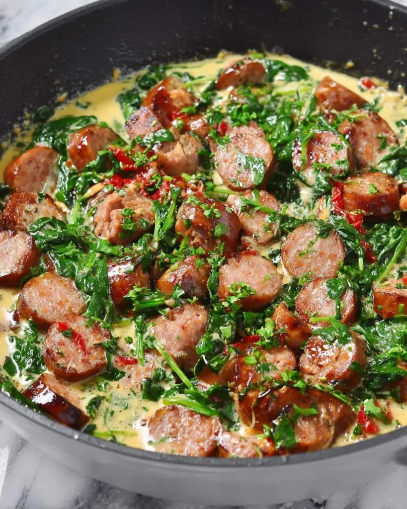 Low Carb Sausage Spinach Skillet with sliced sausage, fresh spinach, and creamy sauce in a black pan.