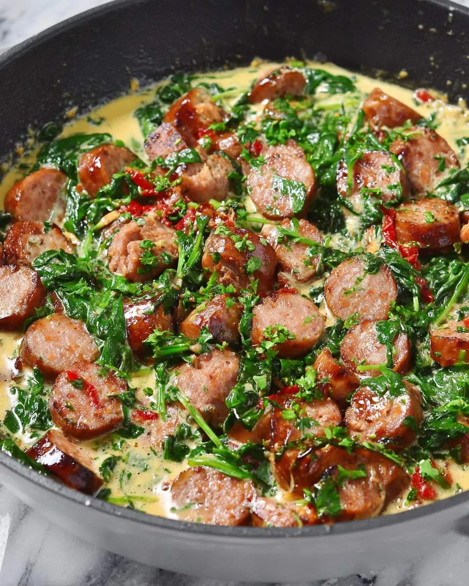 Low Carb Sausage Spinach Skillet with sliced sausage, fresh spinach, and creamy sauce in a black pan.