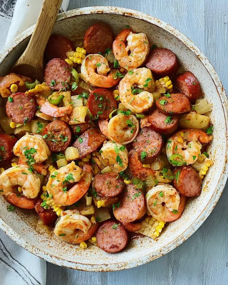 A rustic skillet filled with Low Carb Shrimp and Sausage Skillet featuring tender shrimp, sliced smoked sausage, corn, and celery.