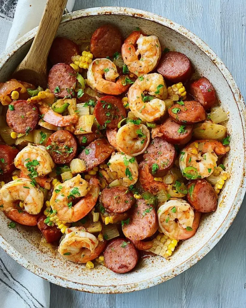A rustic skillet filled with Low Carb Shrimp and Sausage Skillet featuring tender shrimp, sliced smoked sausage, corn, and celery.