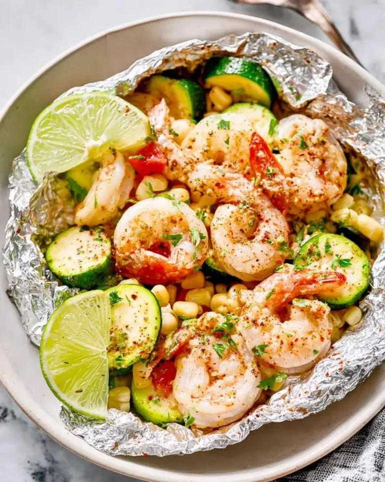 Low Carb Shrimp Foil Packets With Zucchini served in a bowl with lime wedges, corn, and fresh herbs.