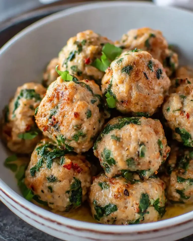 Golden brown Low Carb Spinach Chicken Meatballs piled in a white bowl, garnished with fresh herbs and red pepper flakes.
