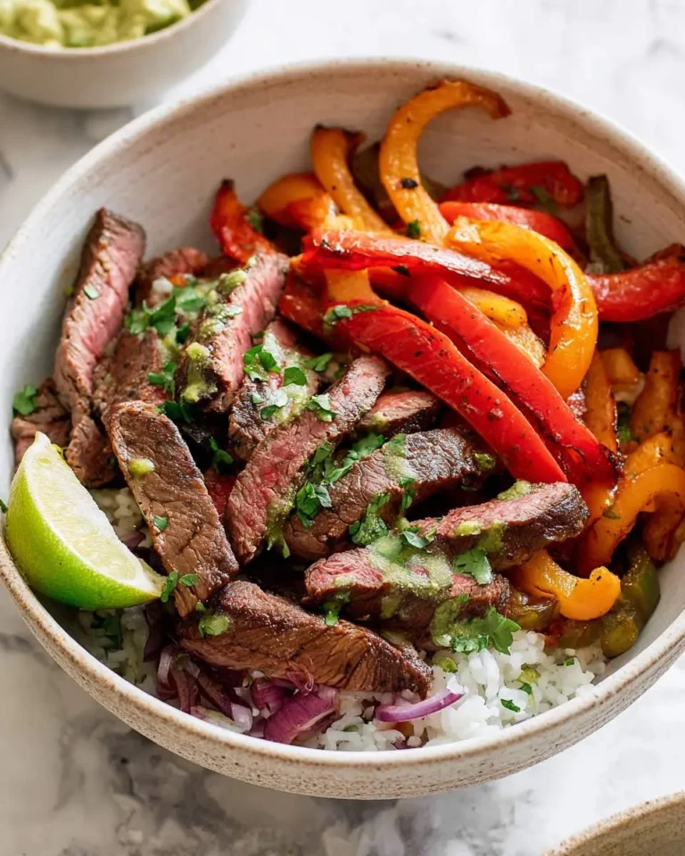 Low Carb Steak Fajita Bowls with grilled steak strips, colorful bell peppers, cilantro, and lime over cauliflower rice.