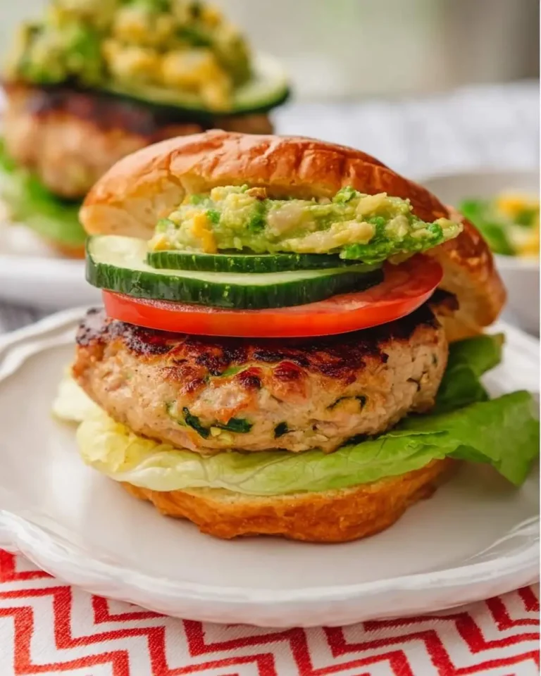 A juicy Low Carb Turkey and Zucchini Burger stacked with lettuce, tomato, cucumber, and avocado salsa on a toasted bun.