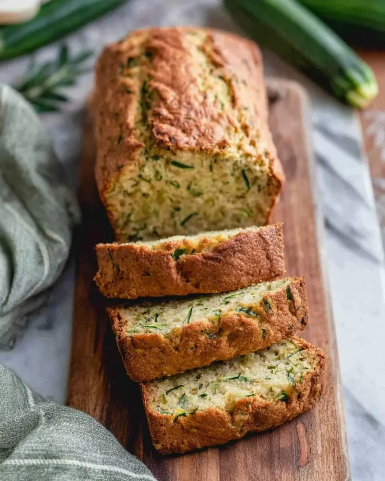 A loaf of golden low carb zucchini bread sliced on a wooden board with fresh zucchini in the background.