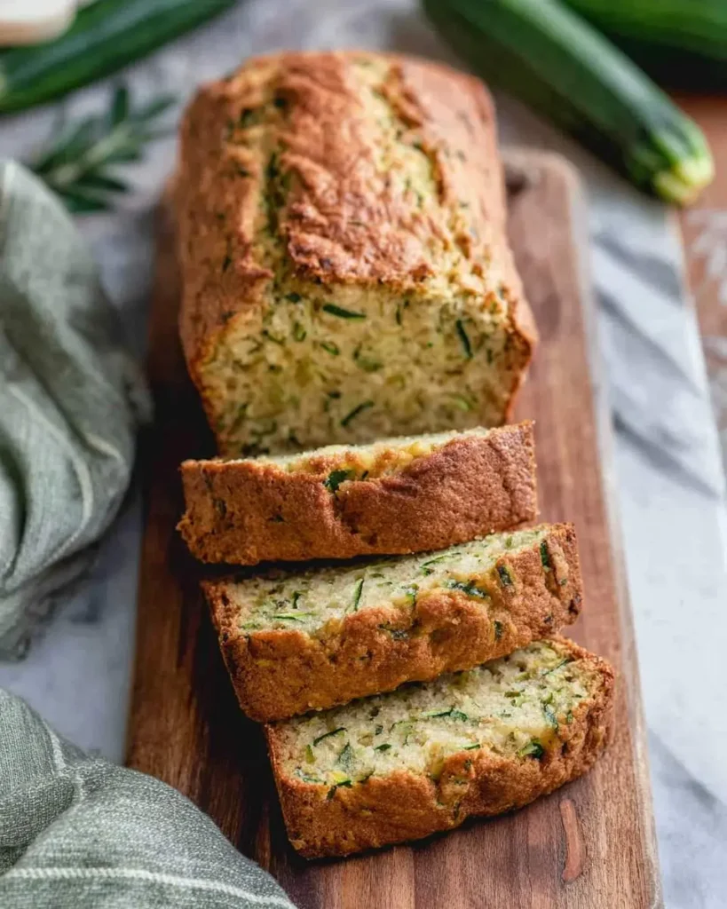 A loaf of golden low carb zucchini bread sliced on a wooden board with fresh zucchini in the background.
