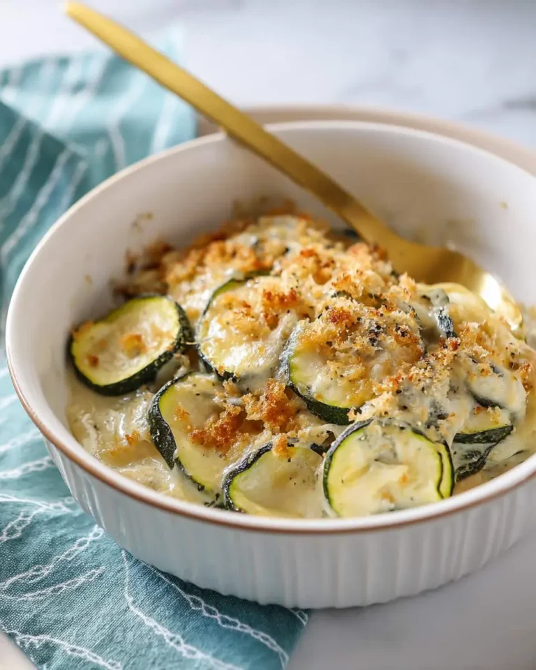 A creamy low carb Zucchini Gratin in a white baking dish topped with golden breadcrumbs and a serving spoon.