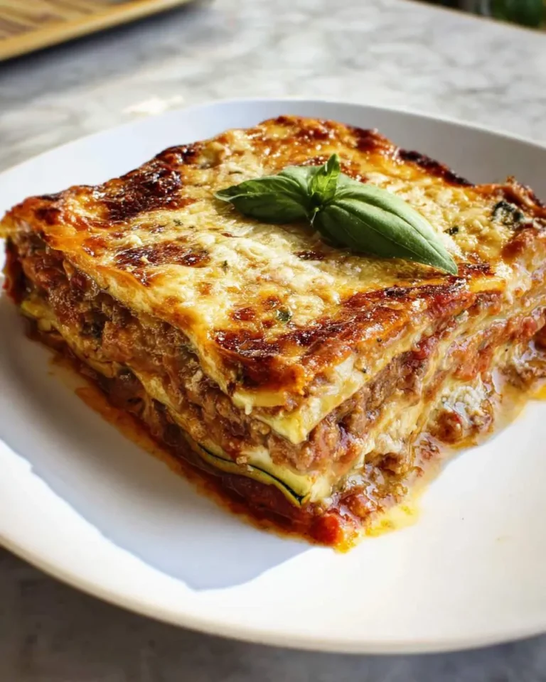 A golden, cheesy slice of low carb zucchini lasagna topped with fresh basil sits on a white plate.