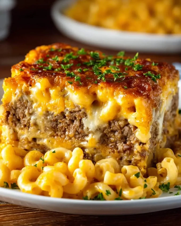 A slice of Mac and Cheese Meatloaf topped with melted cheese and herbs, served on a white plate with macaroni.