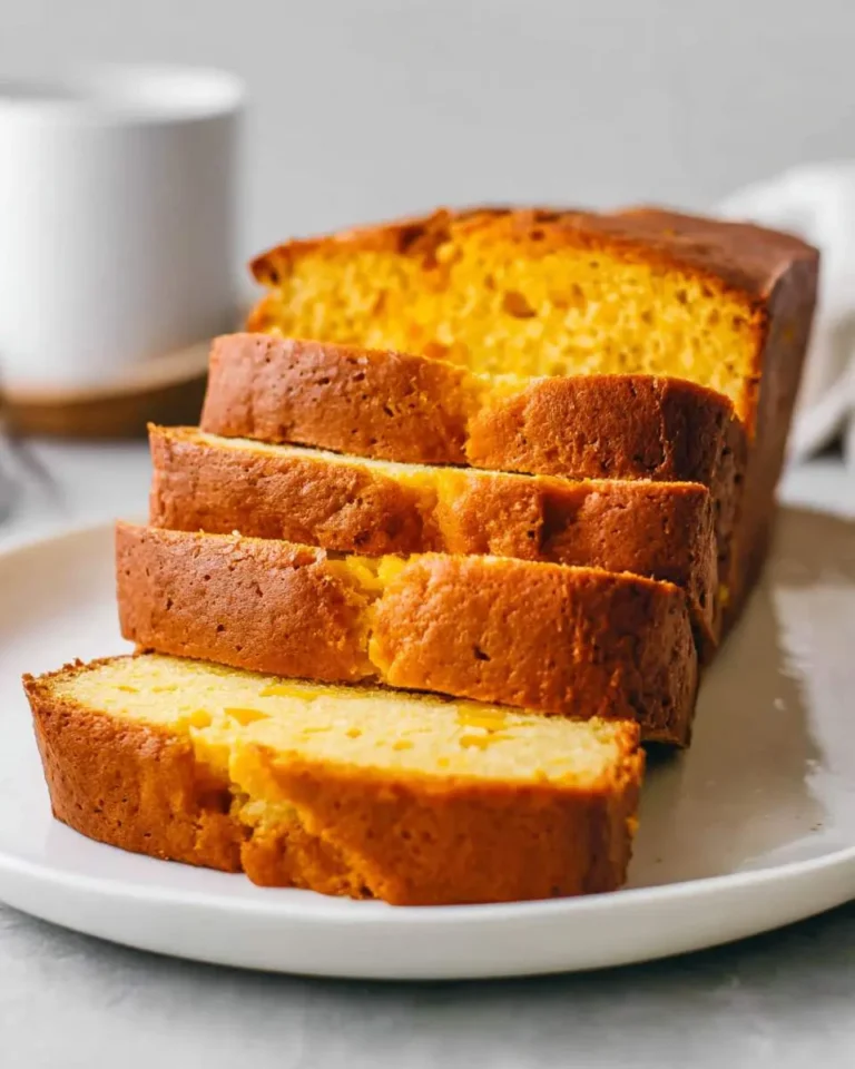 Sliced loaf of golden mango bread on a white plate, showing moist tender crumb and caramelized crust.
