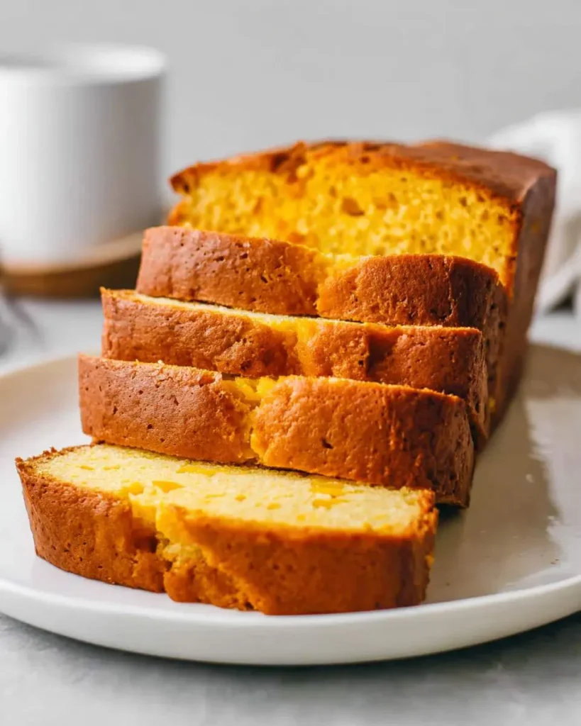 Sliced loaf of golden mango bread on a white plate, showing moist tender crumb and caramelized crust.