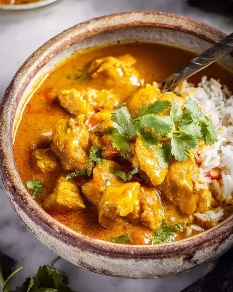 A rustic bowl filled with creamy Mango Chicken Curry served with white rice and fresh cilantro garnish.