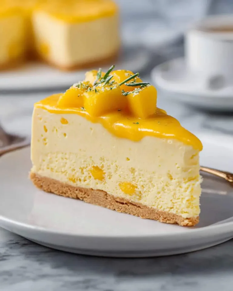 A slice of Mango Mousse Cake topped with fresh mango chunks and mango glaze on a white plate.