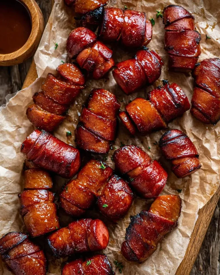 Maple BBQ Hasselback Kielbasa Bites wrapped in crispy bacon and glazed with sticky sauce on parchment paper.