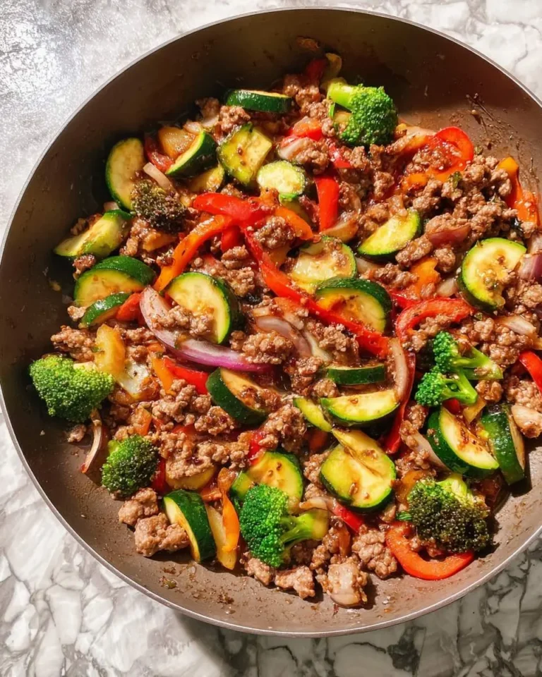 Mediterranean Ground Beef and Vegetables stir-fry with zucchini, broccoli, peppers, and onions in a skillet.