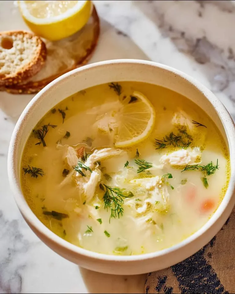 A bowl of Mediterranean Lemon Chicken Soup with tender chicken, fresh dill, and lemon slices in a creamy broth.