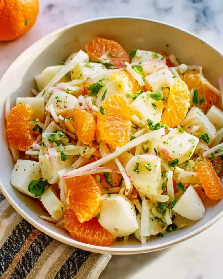 A fresh Mexican Jicama and Citrus Salad served in a white bowl, featuring orange slices, jicama chunks, and herbs.