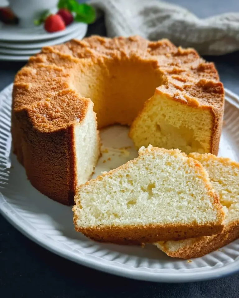 A golden-brown Million Dollar Pound Cake with a slice cut out, showing its moist, tender crumb on a white plate.