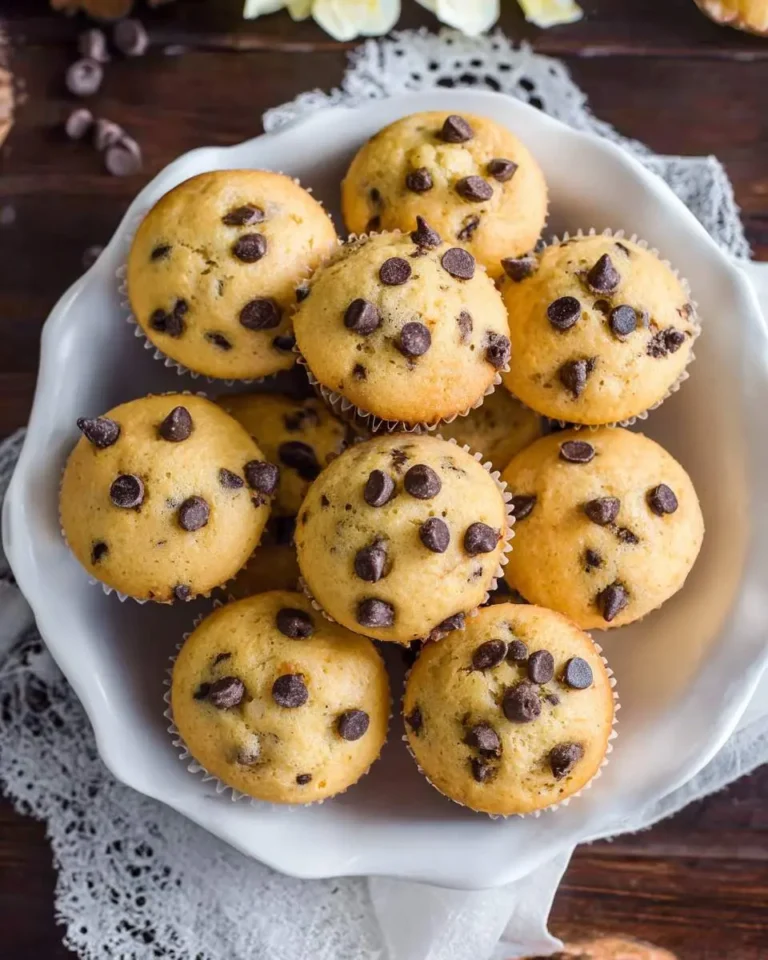 A white bowl filled with golden Mini Chocolate Chip Muffins topped with chocolate chips on a wooden table.