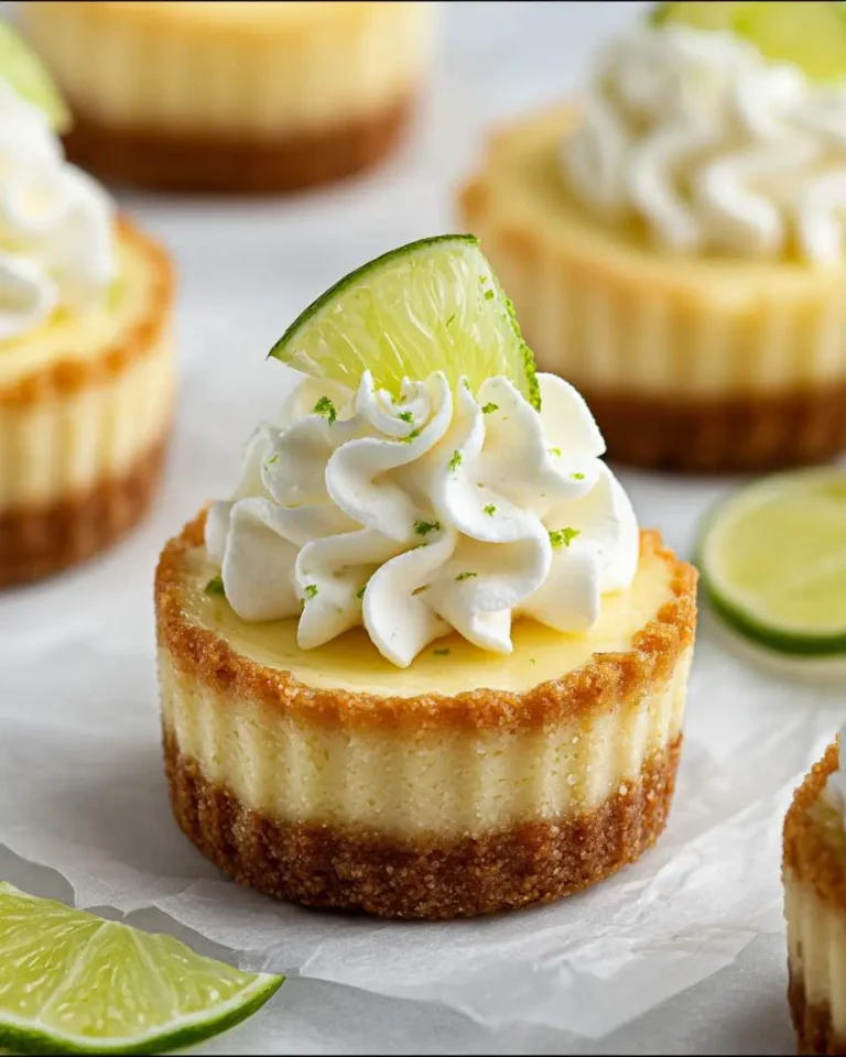 Mini Key Lime Pies topped with swirled whipped cream and fresh lime slices on white parchment paper.