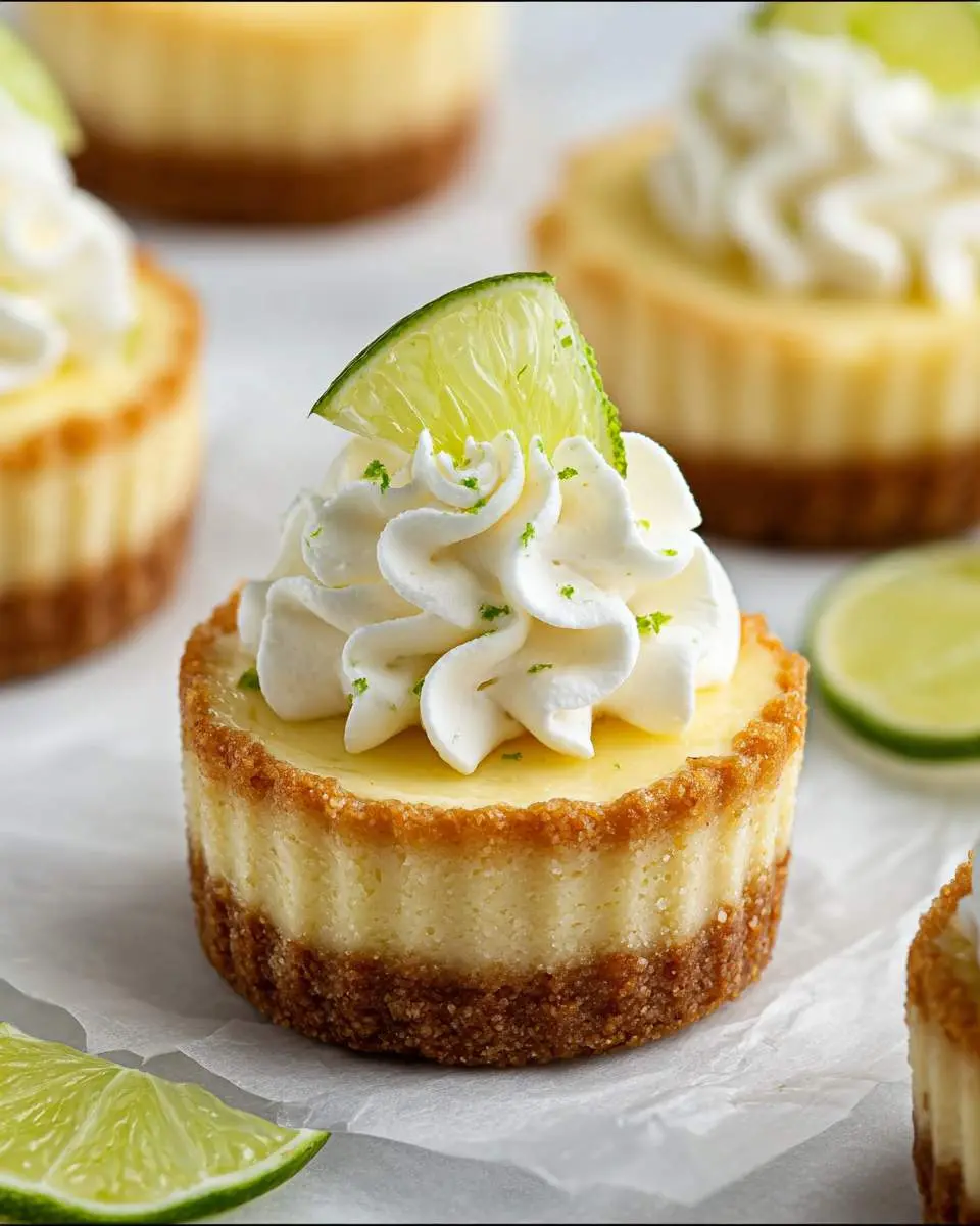 Mini Key Lime Pies topped with swirled whipped cream and fresh lime slices on white parchment paper.