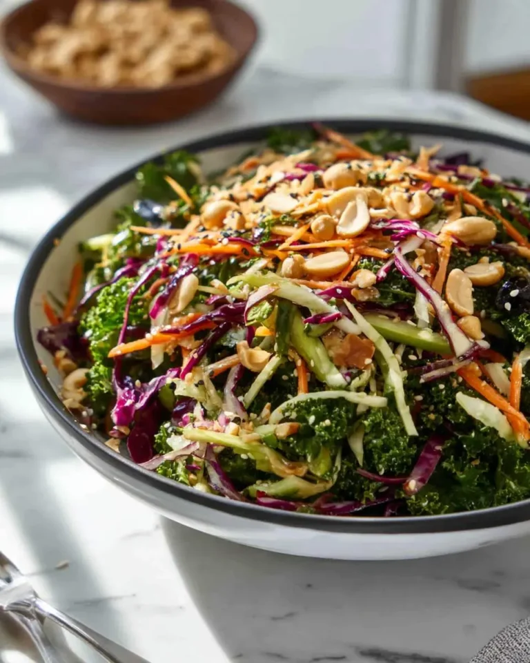 A vibrant bowl of Miso Crunch Salad featuring kale, shredded cabbage, carrots, cucumbers, peanuts, and sesame seeds in a creamy dressing.