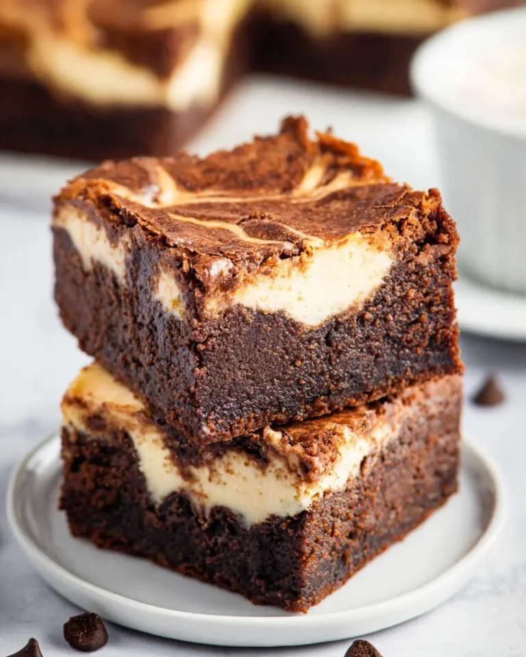 Two stacked mocha cheesecake brownies with a creamy swirl on a white plate.