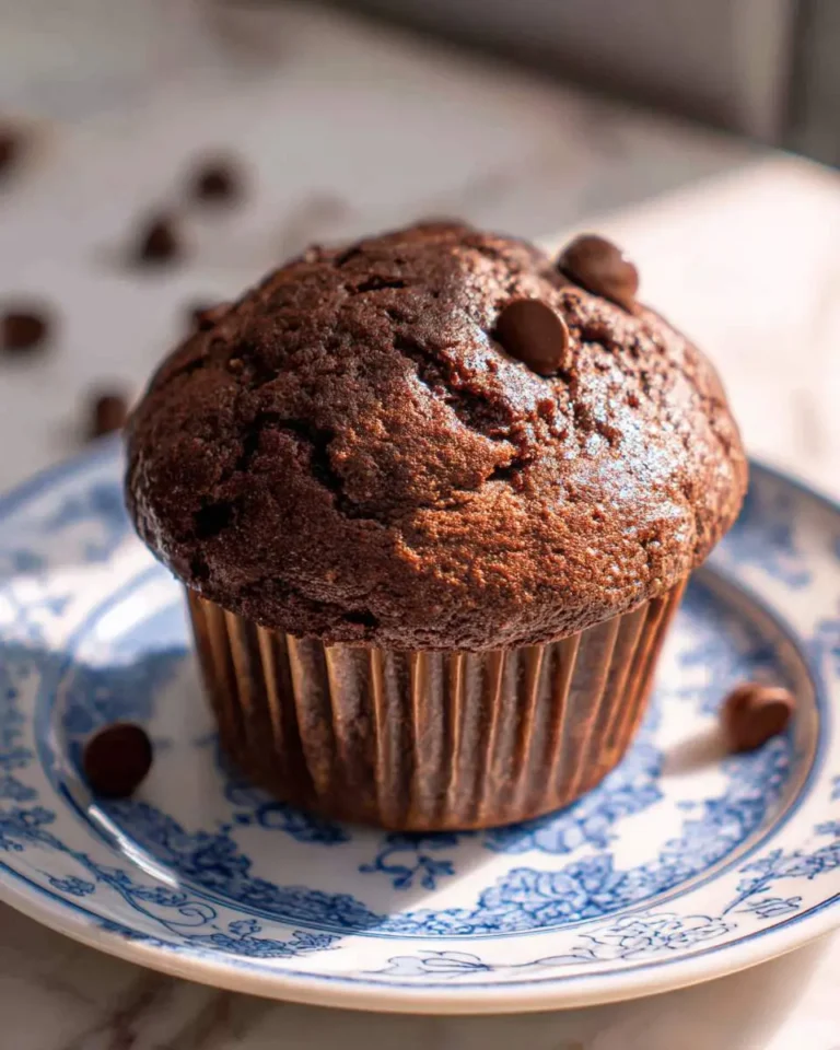 A freshly baked moist chocolate muffin recipe displayed on an elegant blue and white plate with scattered chocolate chips.