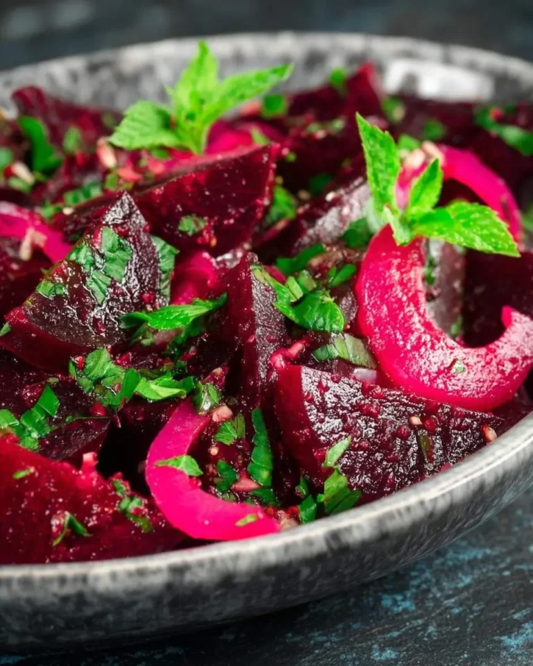 A rustic bowl filled with vibrant Moroccan Beet Salad, featuring roasted beets, fresh herbs, and pickled onions.
