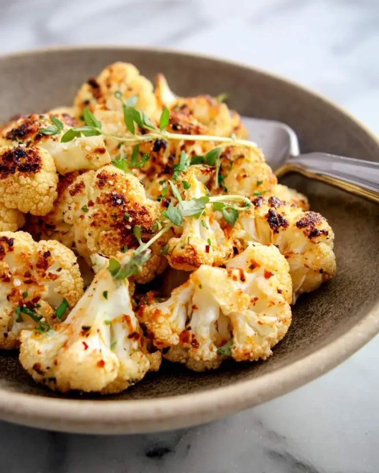Golden Mustard Roasted Cauliflower florets with crispy edges, garnished with fresh herbs in a ceramic bowl.