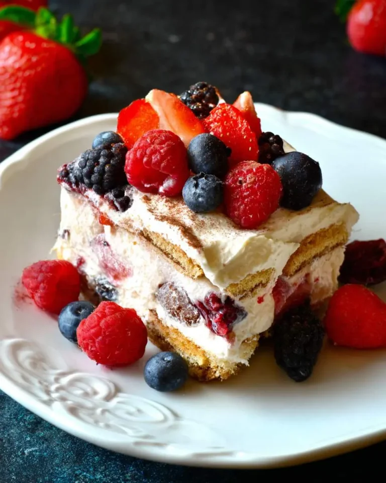 A slice of No-Bake Berry Tiramisu topped with fresh strawberries, raspberries, blueberries, and blackberries on a white plate.