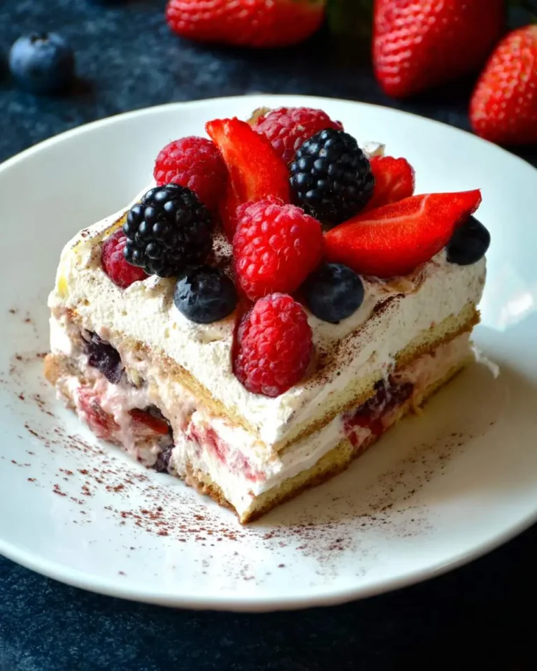 A slice of No-Bake Berry Tiramisu topped with fresh strawberries, raspberries, blackberries, and blueberries on a white plate.