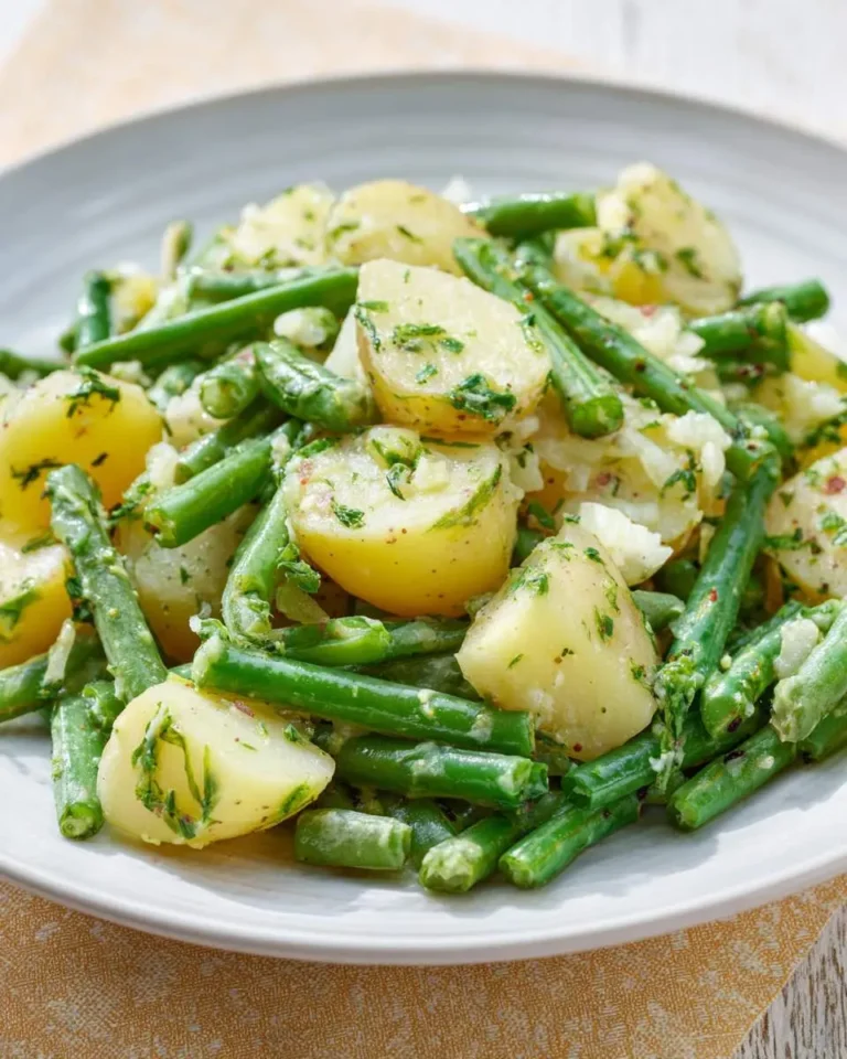 No Mayo Potato Salad With Green Beans served on a gray plate, featuring tender potatoes and crisp green beans tossed with fresh herbs.