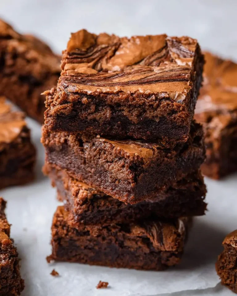 Stack of four Nutella Swirl Fudgy Brownies with glossy, marbled tops and dense, chocolatey centers.