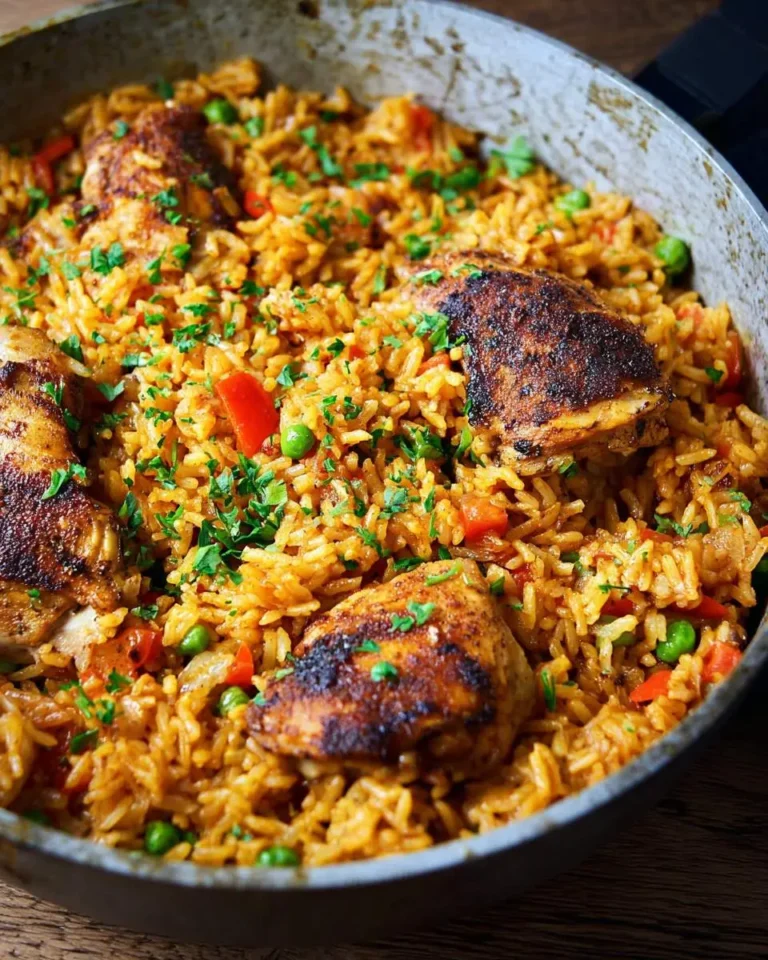 One-Pan Cajun Chicken and Rice with seasoned chicken thighs, yellow rice, peas, and peppers in a skillet.