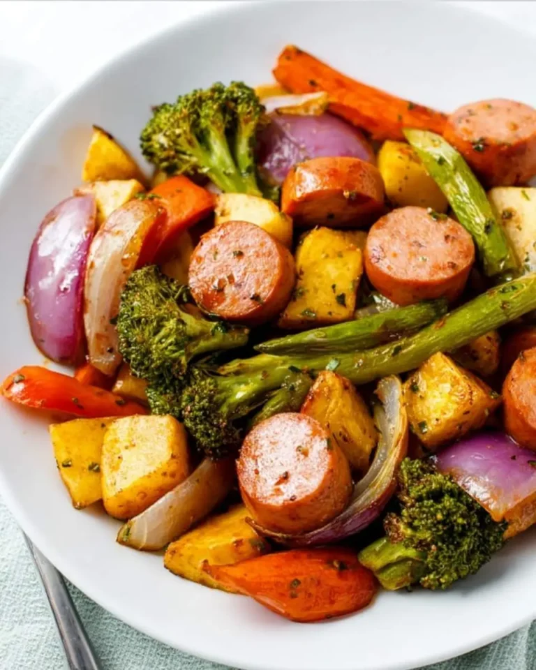 A white bowl filled with One-Pan Honey Garlic Kielbasa And Veggies, featuring sliced sausage, broccoli, carrots, potatoes, and red onion.