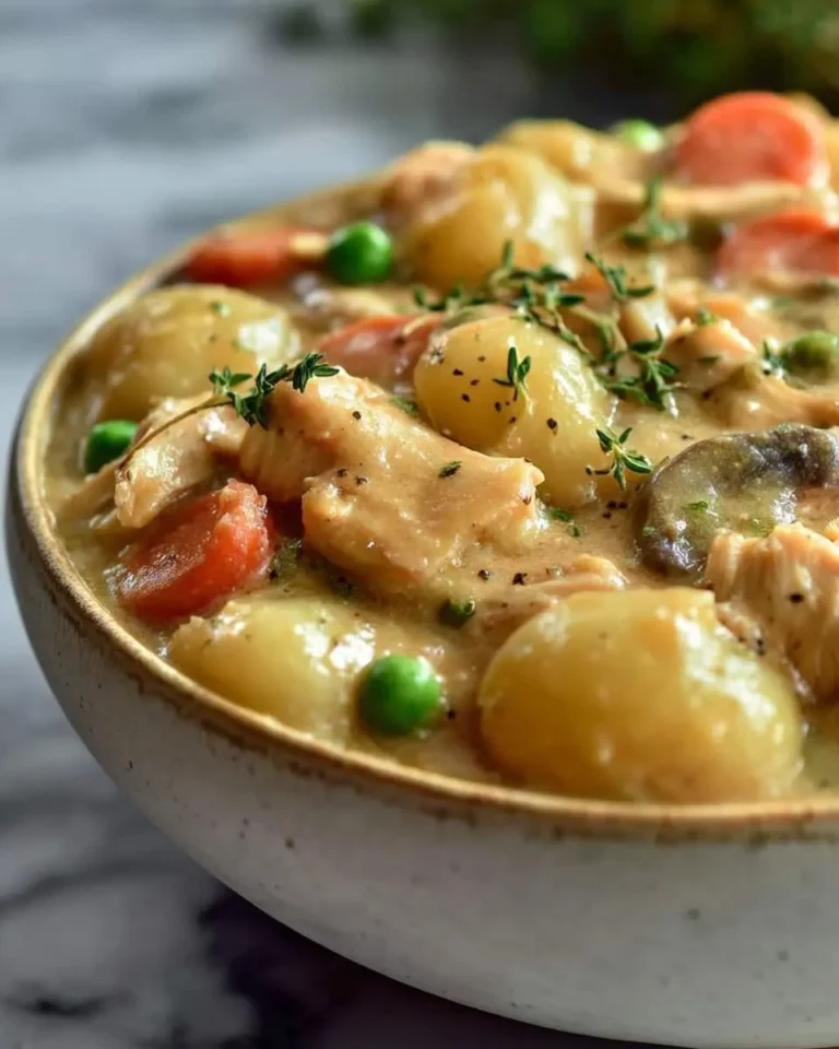 A creamy bowl of One Pot Gnocchi Chicken Pot Pie with tender chicken, potato gnocchi, carrots, peas, and mushrooms garnished with fresh thyme.