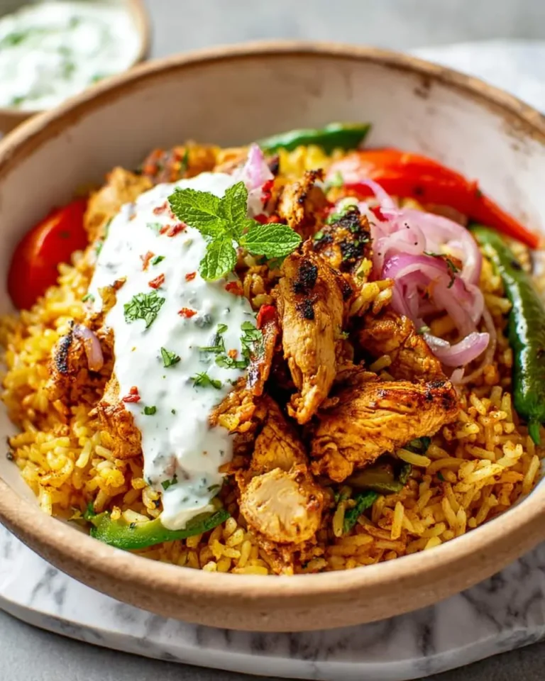 Aromatic One Pot Shawarma Chicken Rice served in a bowl with creamy yogurt sauce, fresh mint, and grilled vegetables.