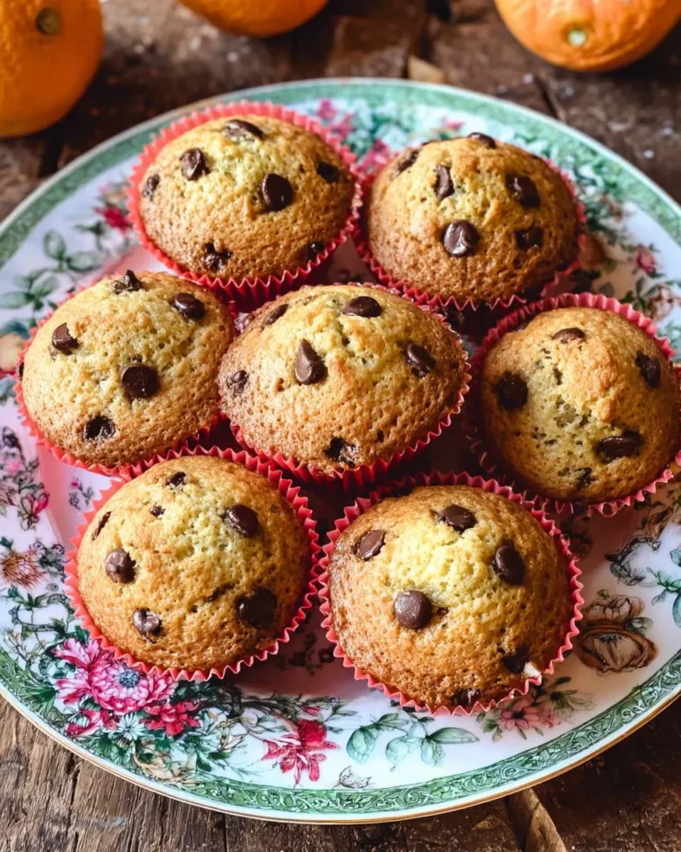 Seven orange chocolate chip muffins in red liners arranged on a floral vintage plate with fresh oranges in the background.