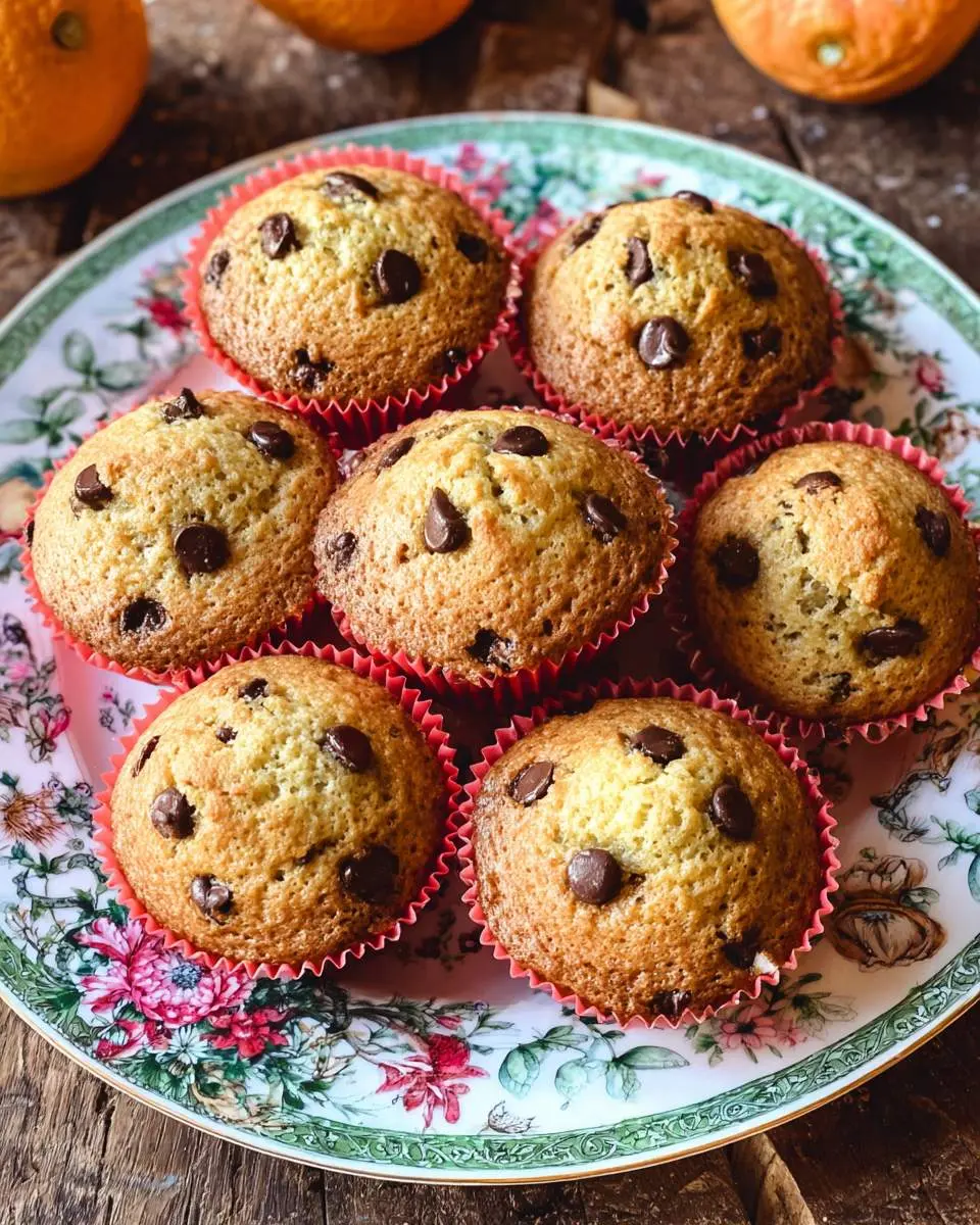 Seven orange chocolate chip muffins in red liners arranged on a floral vintage plate with fresh oranges in the background.