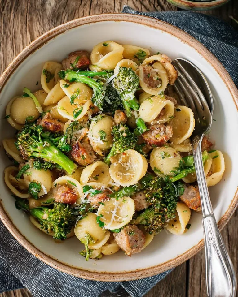 A rustic bowl of Orecchiette with Sausage and Broccoli topped with grated Parmesan cheese and fresh herbs.