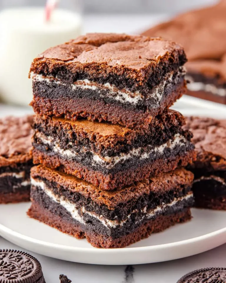 Stack of three Oreo-Stuffed Brownies on a white plate showing creamy filling and chocolate layers.
