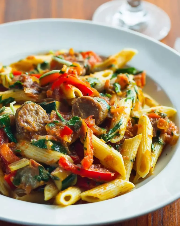 A white bowl filled with Pasta With Sausage And Veggies, featuring penne, sliced sausage, red peppers, and fresh herbs in a rich tomato sauce.