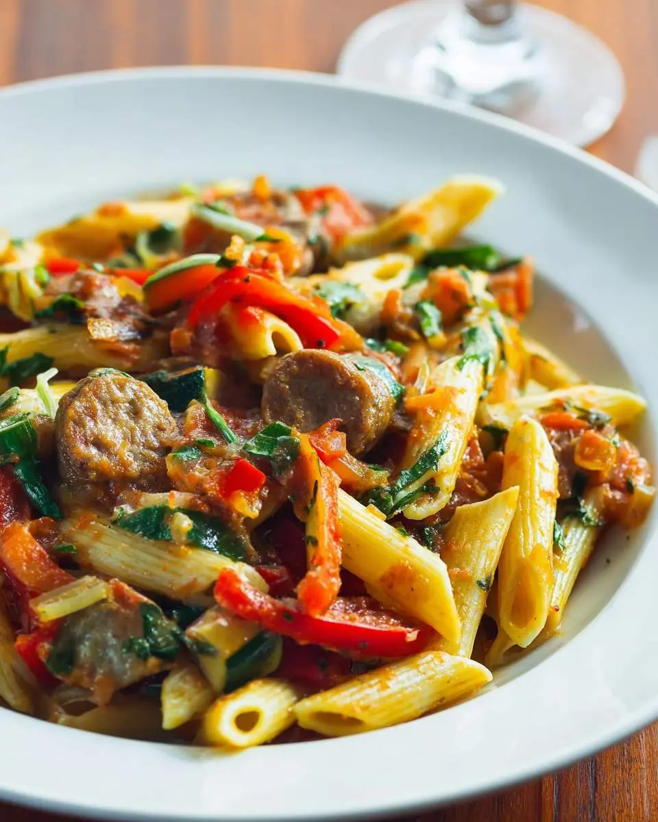 A white bowl filled with Pasta With Sausage And Veggies, featuring penne, sliced sausage, red peppers, and fresh herbs in a rich tomato sauce.