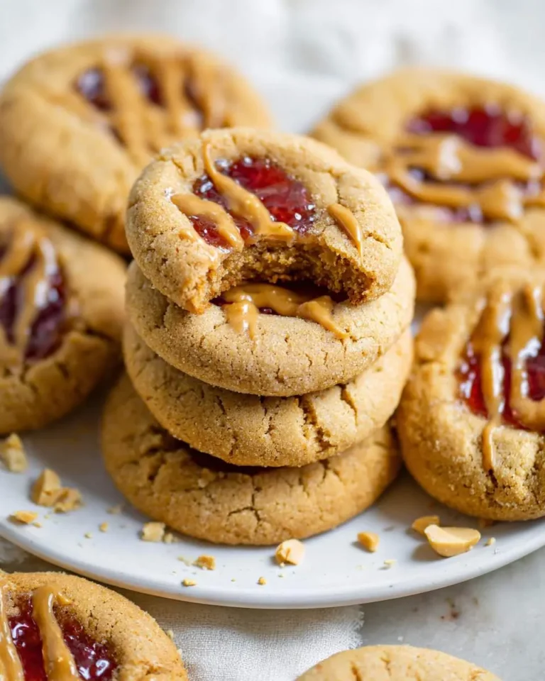Stack of peanut butter and jelly cookies with a bite taken from the top cookie, showing red jelly center and peanut butter drizzle.