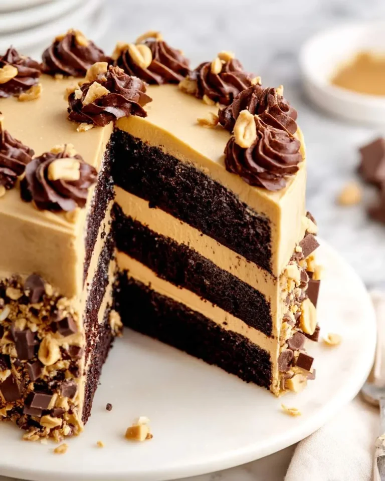 Sliced Peanut Butter Chocolate Layer Cake with swirled frosting and peanut garnish on a white cake stand.