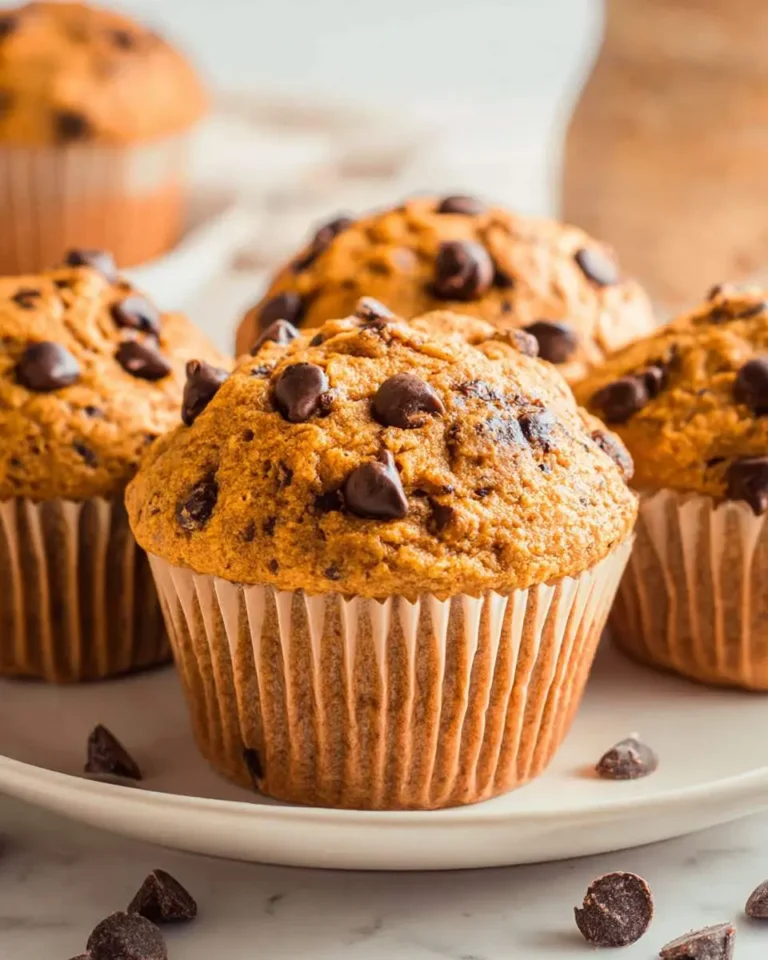 Golden brown Peanut Butter Muffins topped with chocolate chips arranged on a white plate.