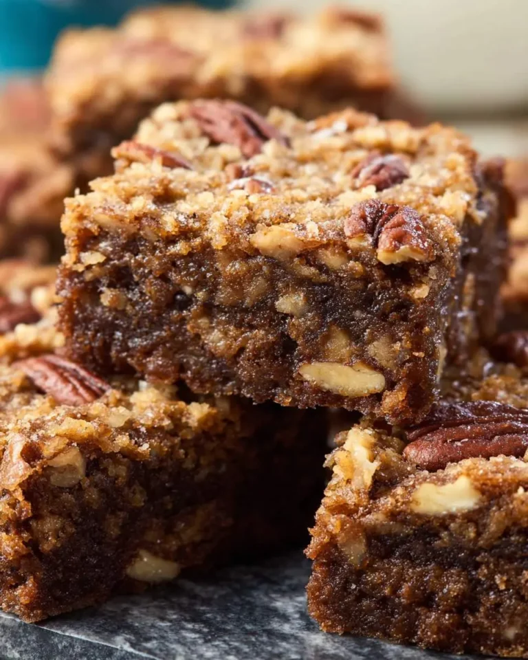 Stacked Pecan Pie Brownies topped with caramelized pecans and a crunchy streusel layer.